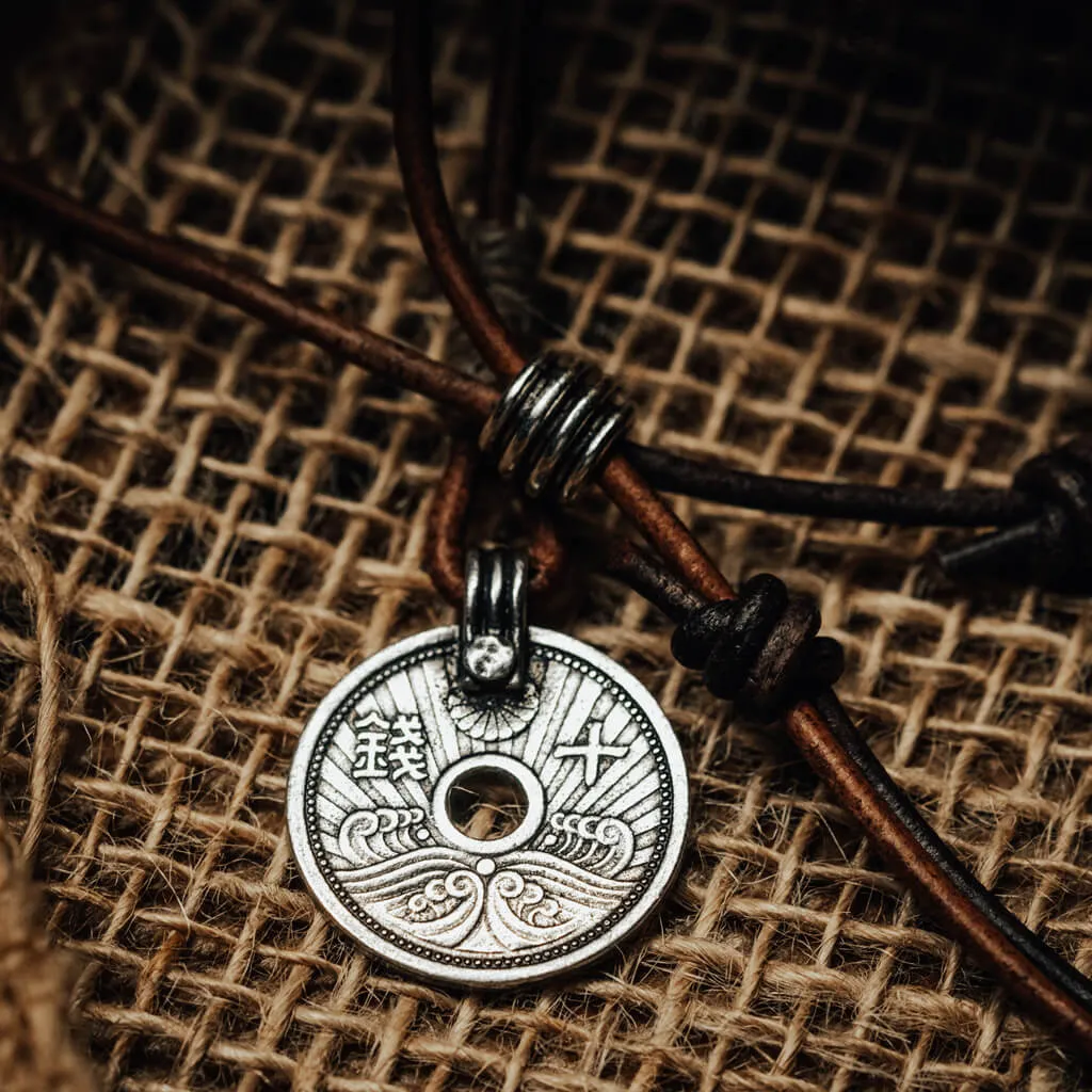 sen // aged japanese coin linen and leather necklace