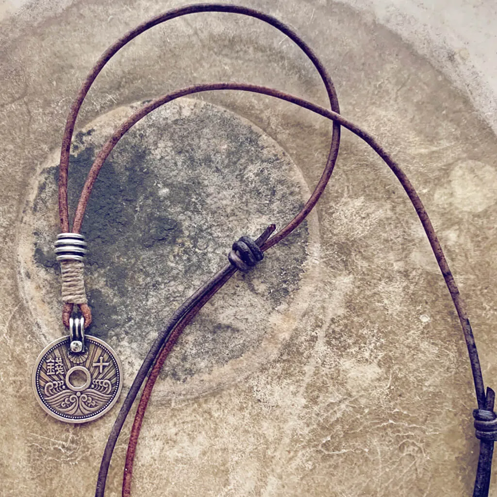 sen // aged japanese coin linen and leather necklace