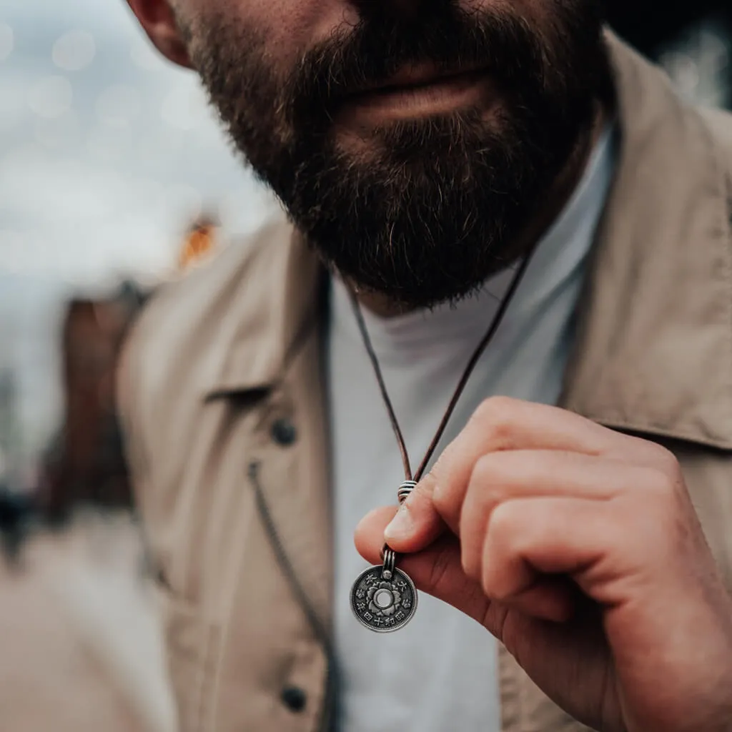 sen // aged japanese coin linen and leather necklace