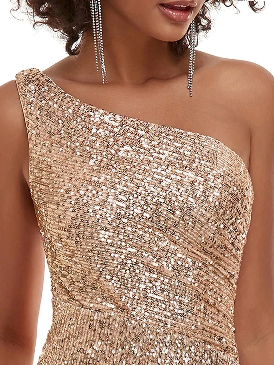 Sequinned One-Shoulder Thigh Slit Evening Dress