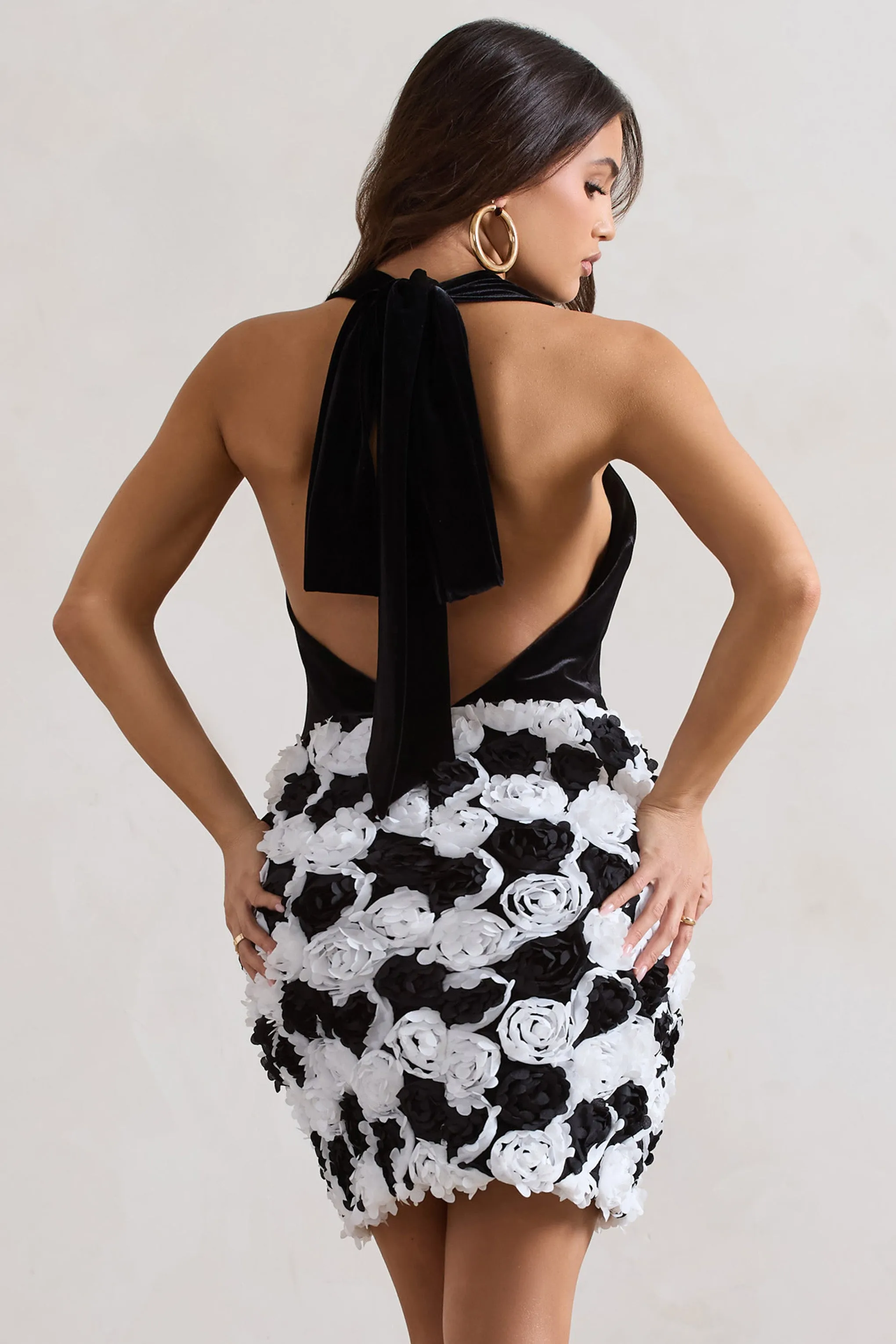 Serenade | Black & White Plunge Halter-Neck Mini Dress With Flowers