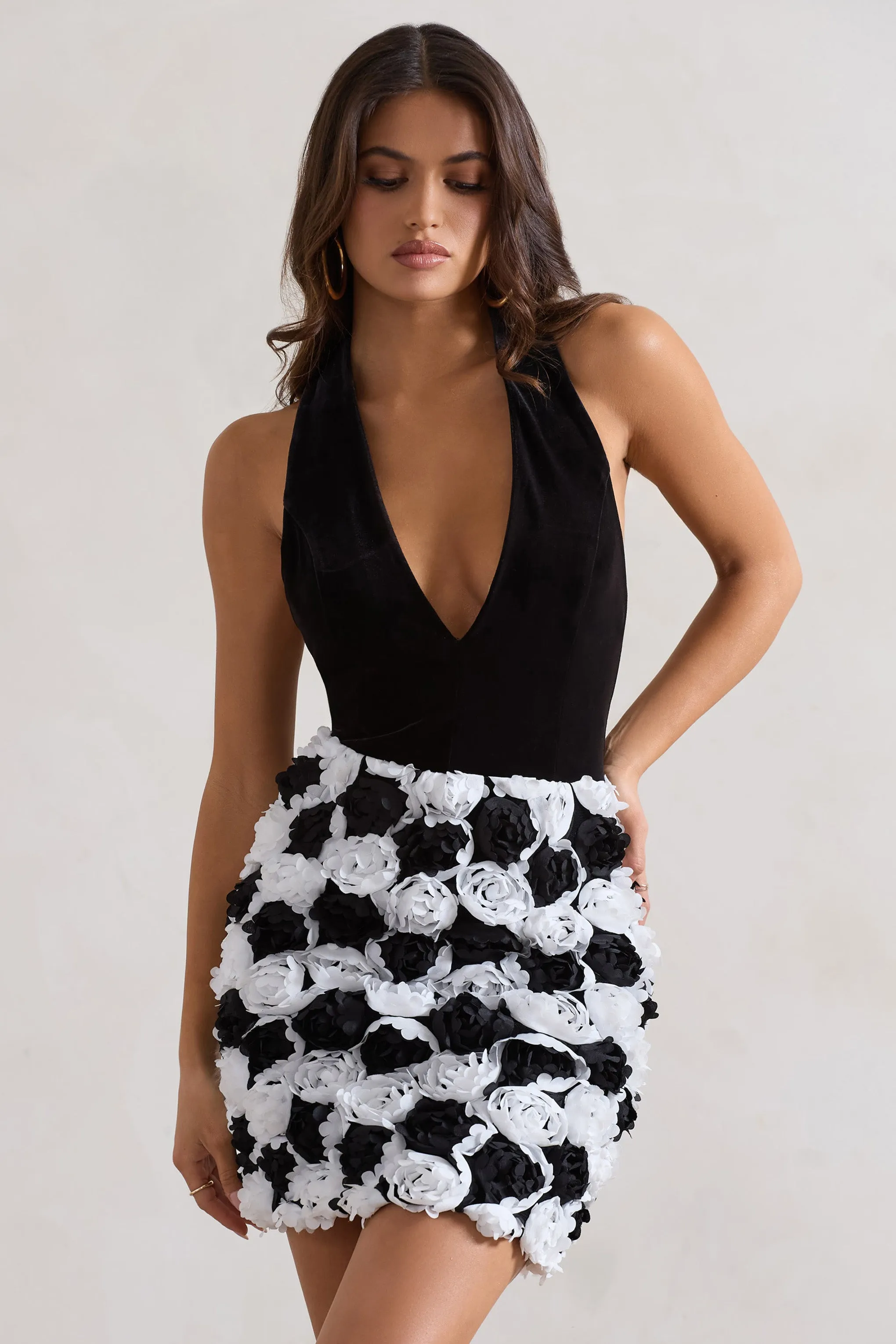 Serenade | Black & White Plunge Halter-Neck Mini Dress With Flowers