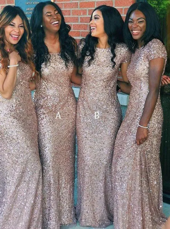 Sheath Sweep Train Sequined Bridesmaid Dress