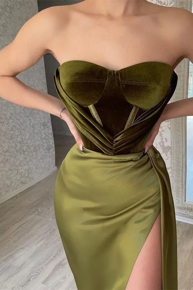 Strapless Olive Green Mermaid Evening Dress With Split