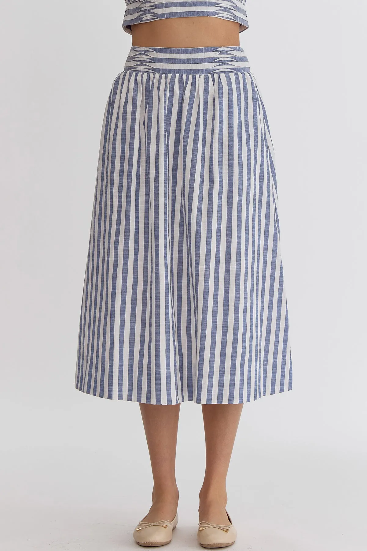 Striped Solid High-Waisted Midi Skirt