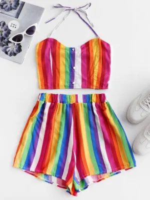 Two Pieces Set Rainbow Striped Smocked