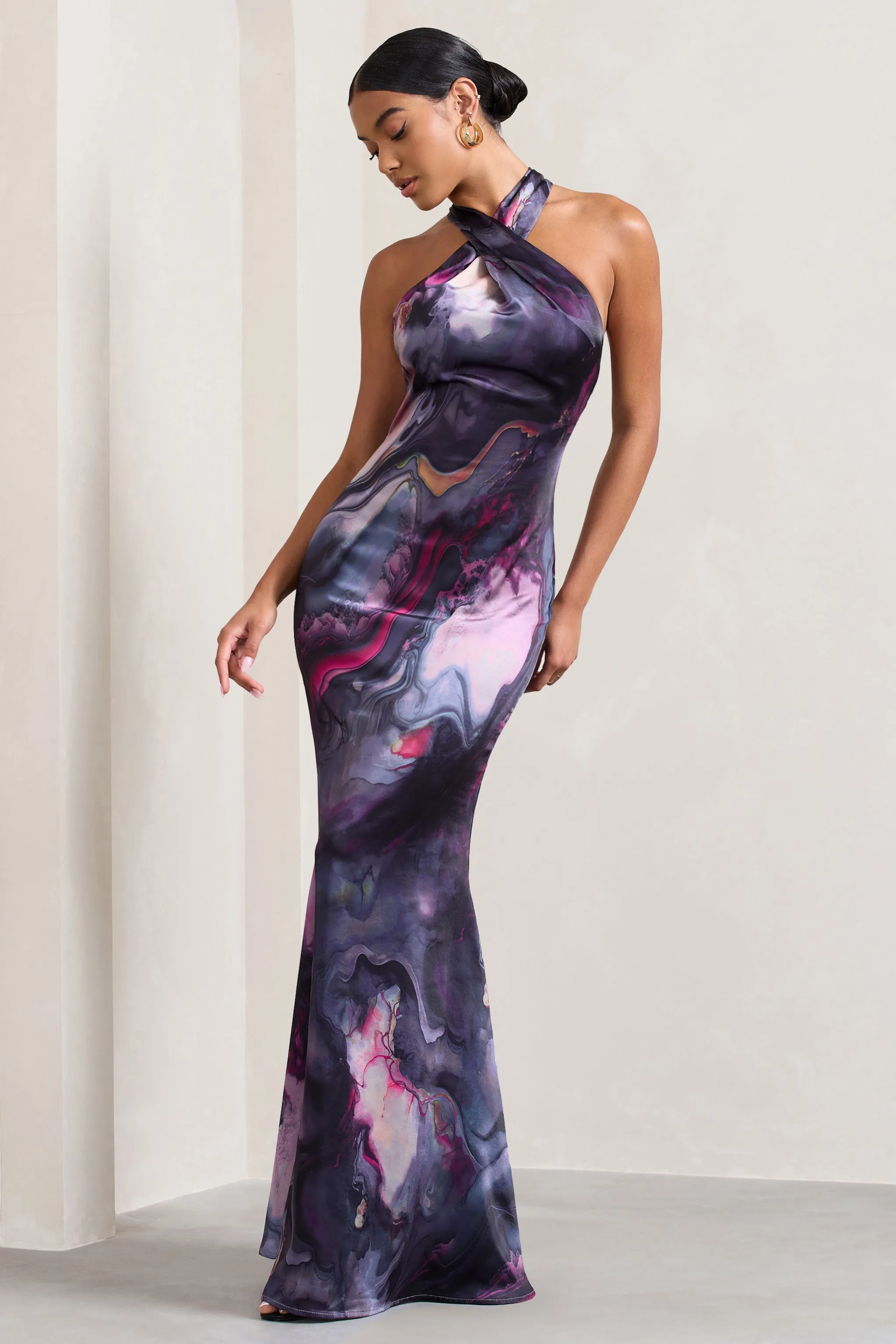 Unstoppable | Marble Print Satin Cross Over Halterneck Maxi Dress