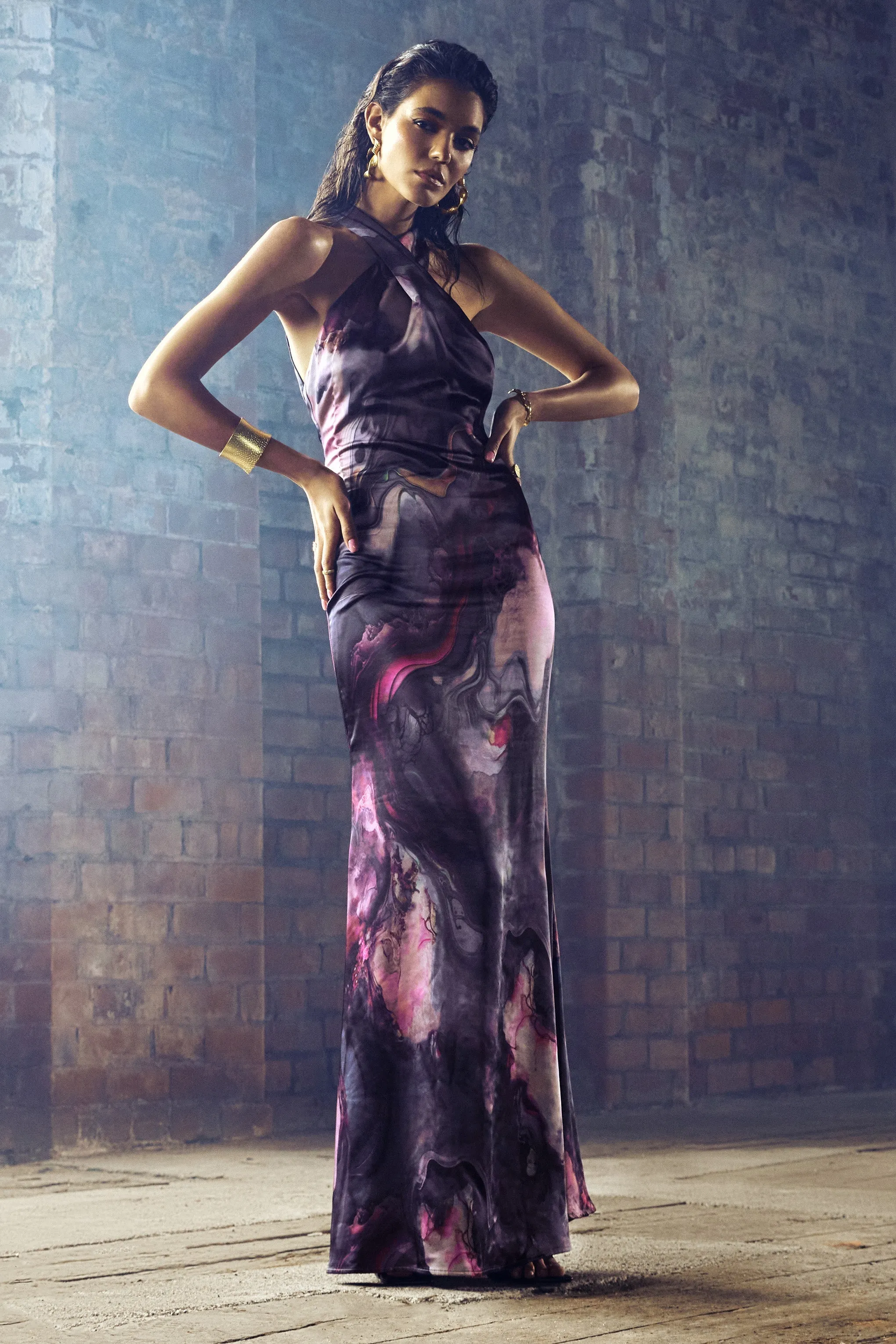 Unstoppable | Marble Print Satin Cross Over Halterneck Maxi Dress