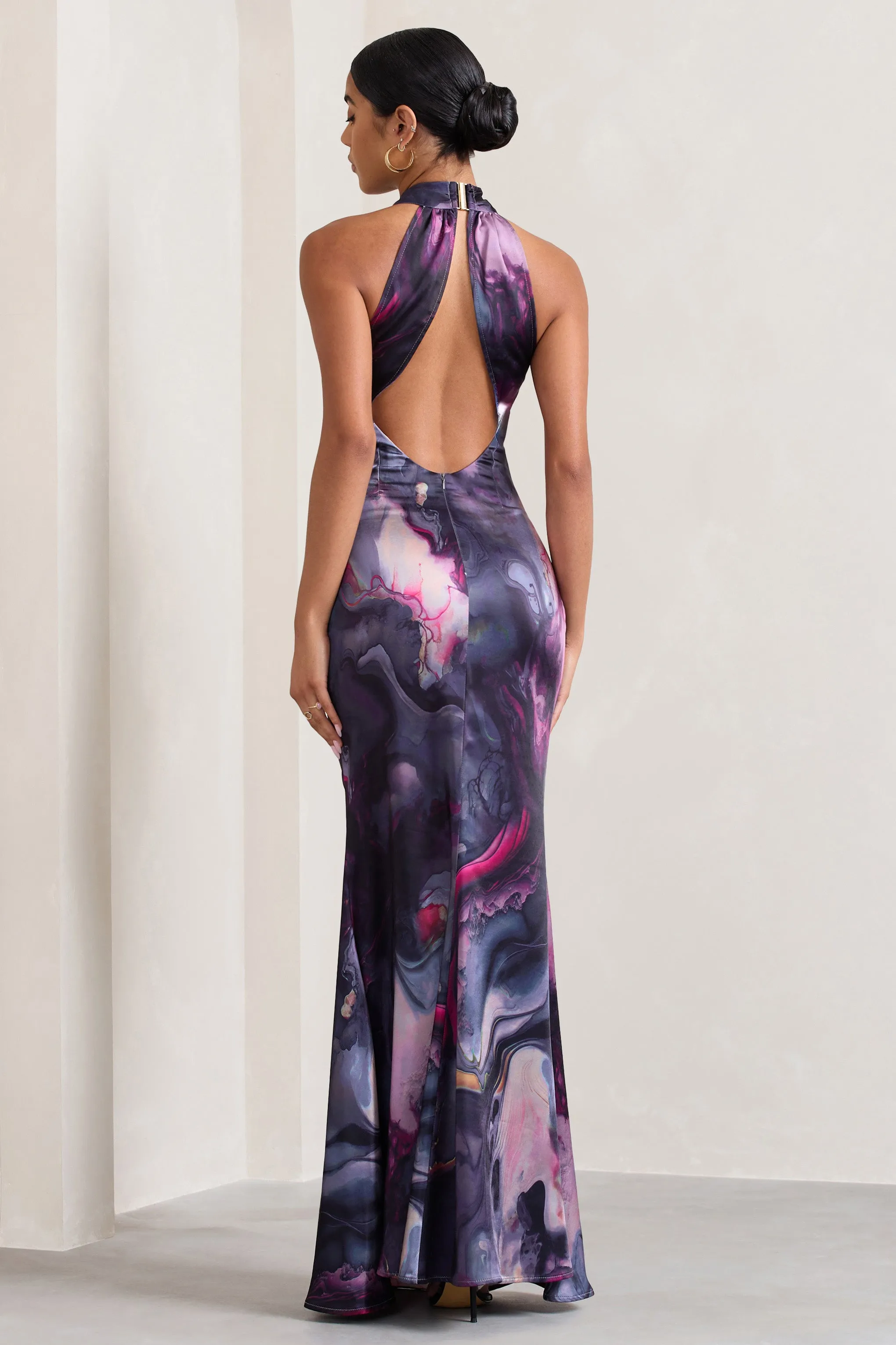 Unstoppable | Marble Print Satin Cross Over Halterneck Maxi Dress