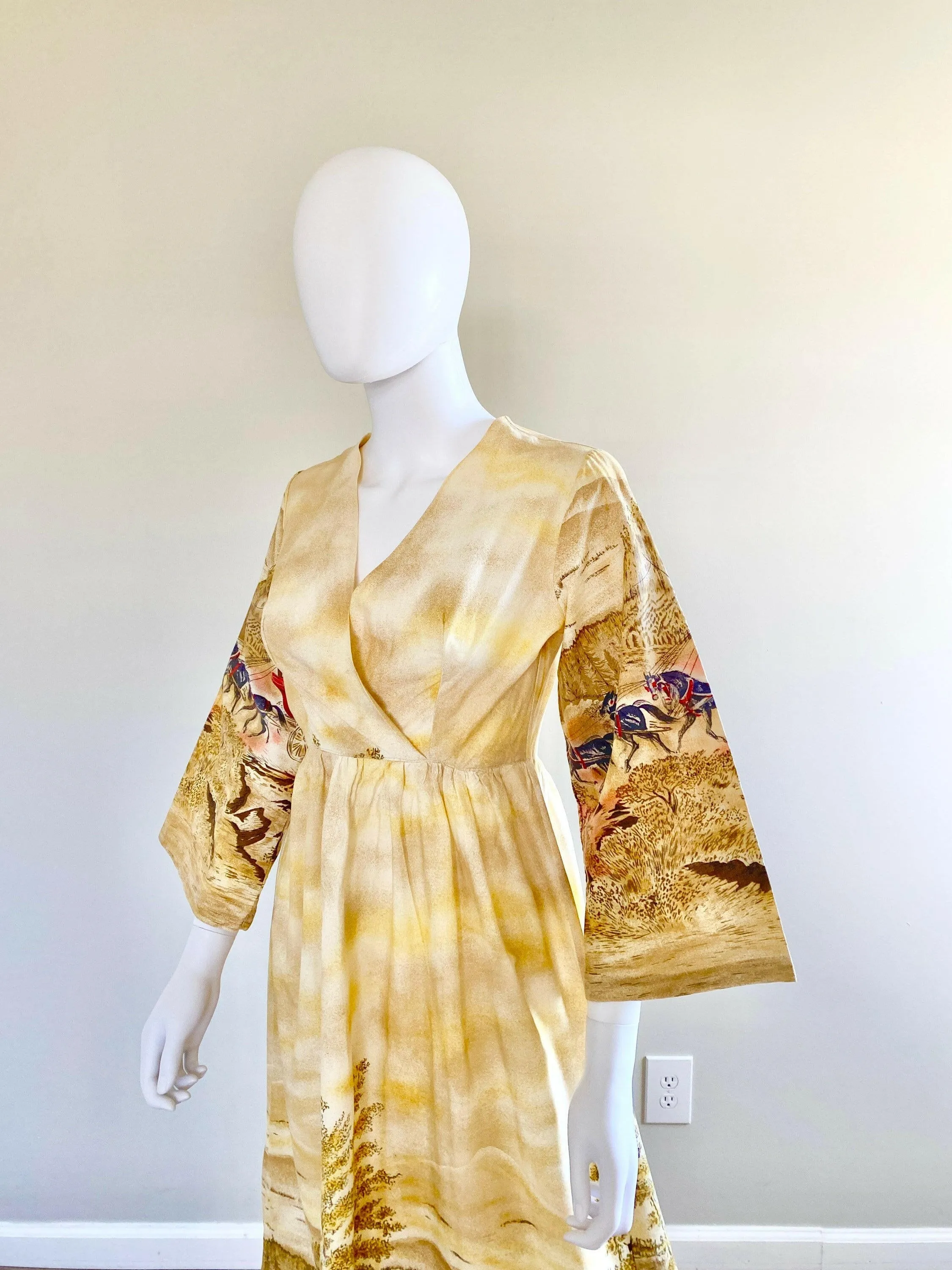 Vintage 1970s John Wolf Stagecoach Novelty Print Maxi Dress / 70s Retro cotton bell sleeve dress / Size S