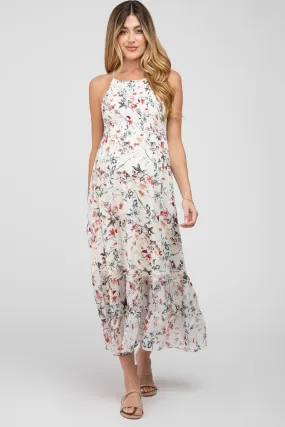 White Floral Chiffon Smocked Maternity Midi Dress