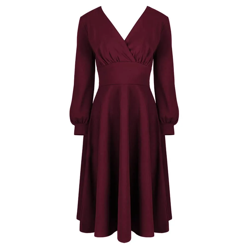 Wine Red Long Sleeve A Line Vintage Crossover Tea Swing Dress