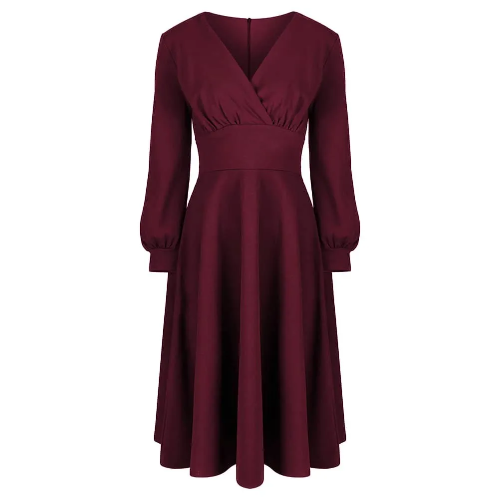 Wine Red Long Sleeve A Line Vintage Crossover Tea Swing Dress